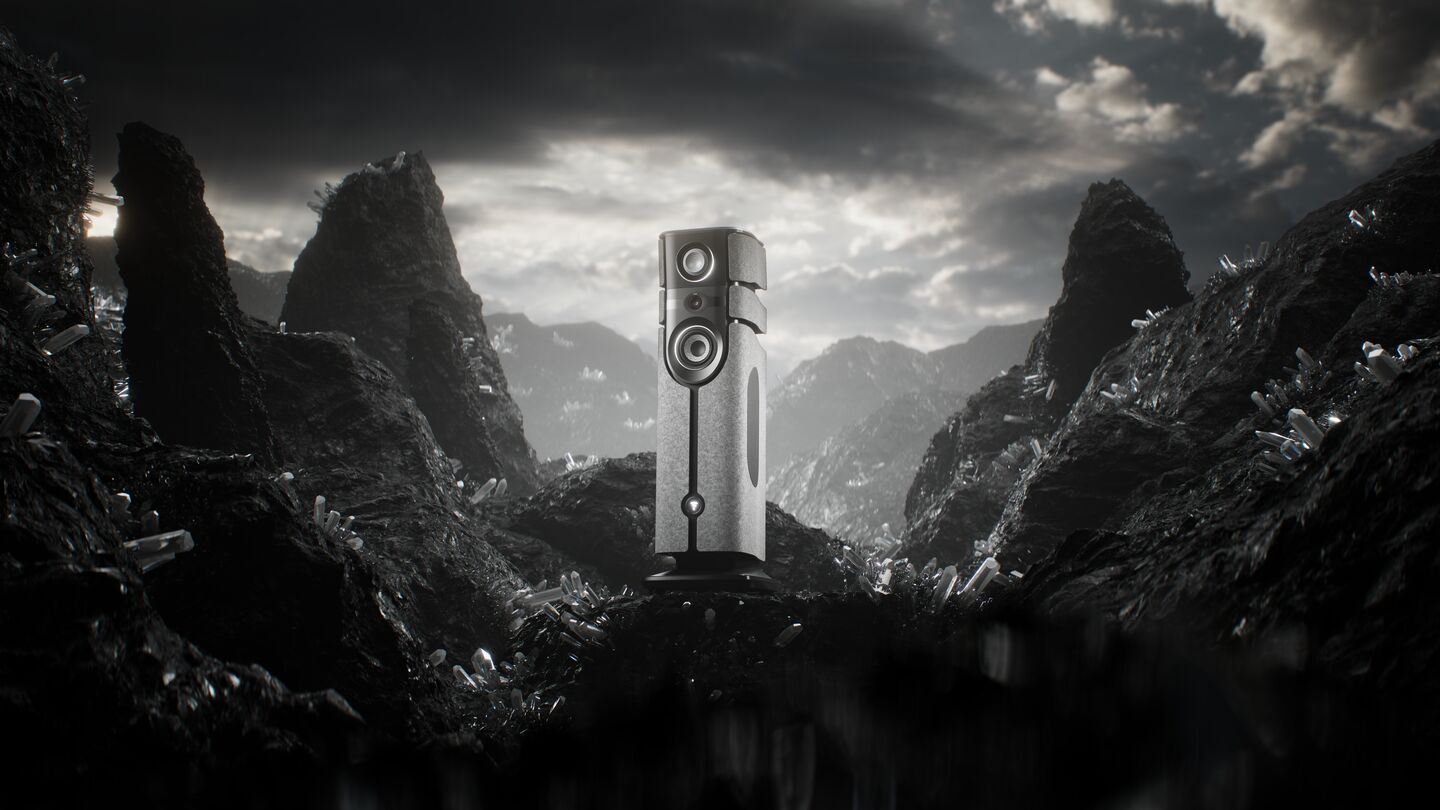 Focal Diva Alta Utopia dans un univers sonore immersif Enceinte Focal Diva Alta Utopia mise en scène au cœur d'un paysage rocheux et cristallin, symbolisant la puissance du son haute-fidélité et l'innovation audio premium.