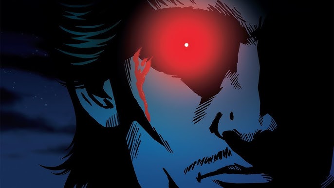 Illustration du personnage de Kavinsky, visage bleu et œil rouge lumineux, univers de l'album OutRun